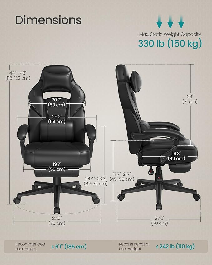 SONGMICS Racing Gaming Chair, Adjustable Office Chair with Footrest, Ergonomic Design, Headrest, Lumbar Support, 150 kg Weight Capacity, Ink Black OBG073BH09