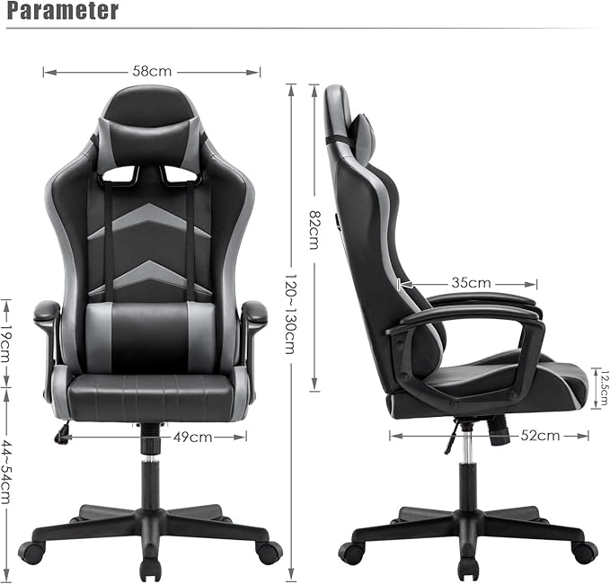 IntimaTe WM Heart Gaming Chair, Ergonomic High Back Office Racing Chair with Armrest, Swivel Leather Desk Chairs with Adjustable Headrest and Lumbar Cushion for Office and Home (Gray)