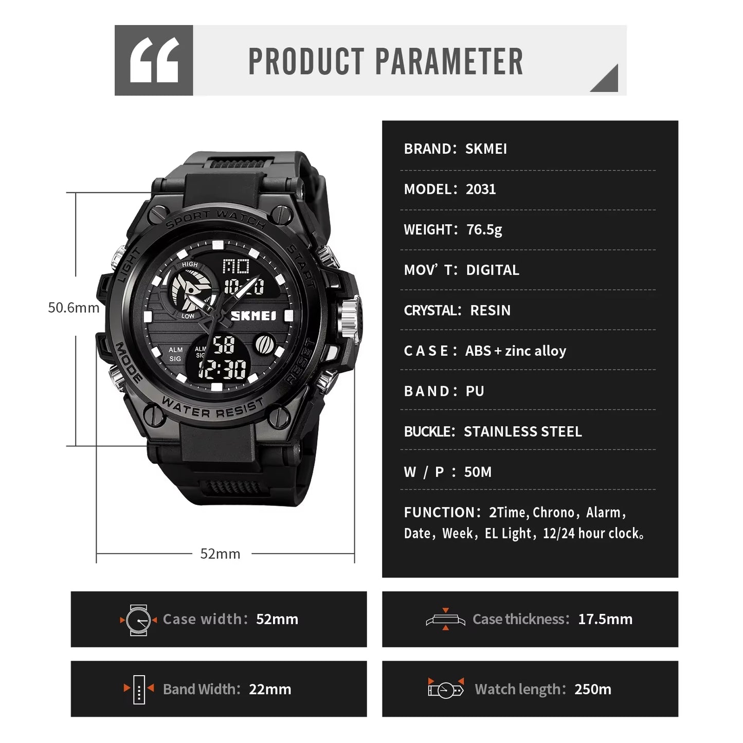 2031 Mens Multifunction Chrono Date 5Bar Waterproof Wristwatch Reloj Hombre Japan Digital Movement Back Light Sport Watche