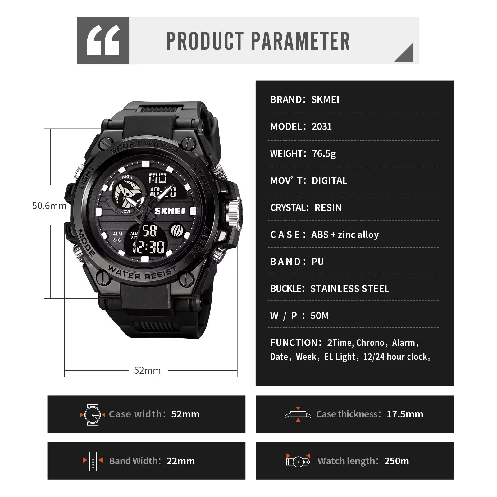 2031 Mens Multifunction Chrono Date 5Bar Waterproof Wristwatch Reloj Hombre Japan Digital Movement Back Light Sport Watche
