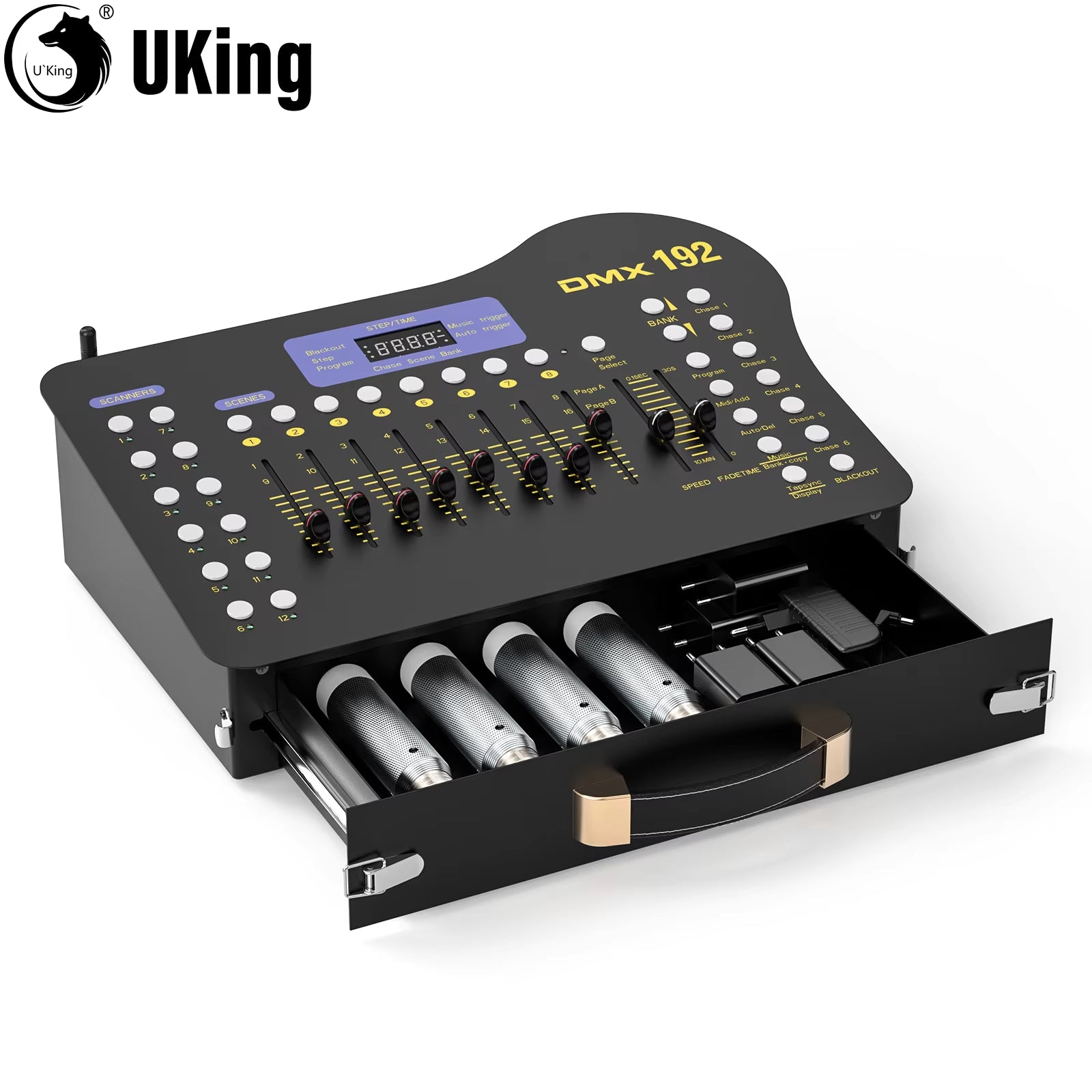U'King Wireless DMX 512 Console&Midi Operator 192 Channel Light Controller with Drawer Transmitter&4 Rechargeable Receivers