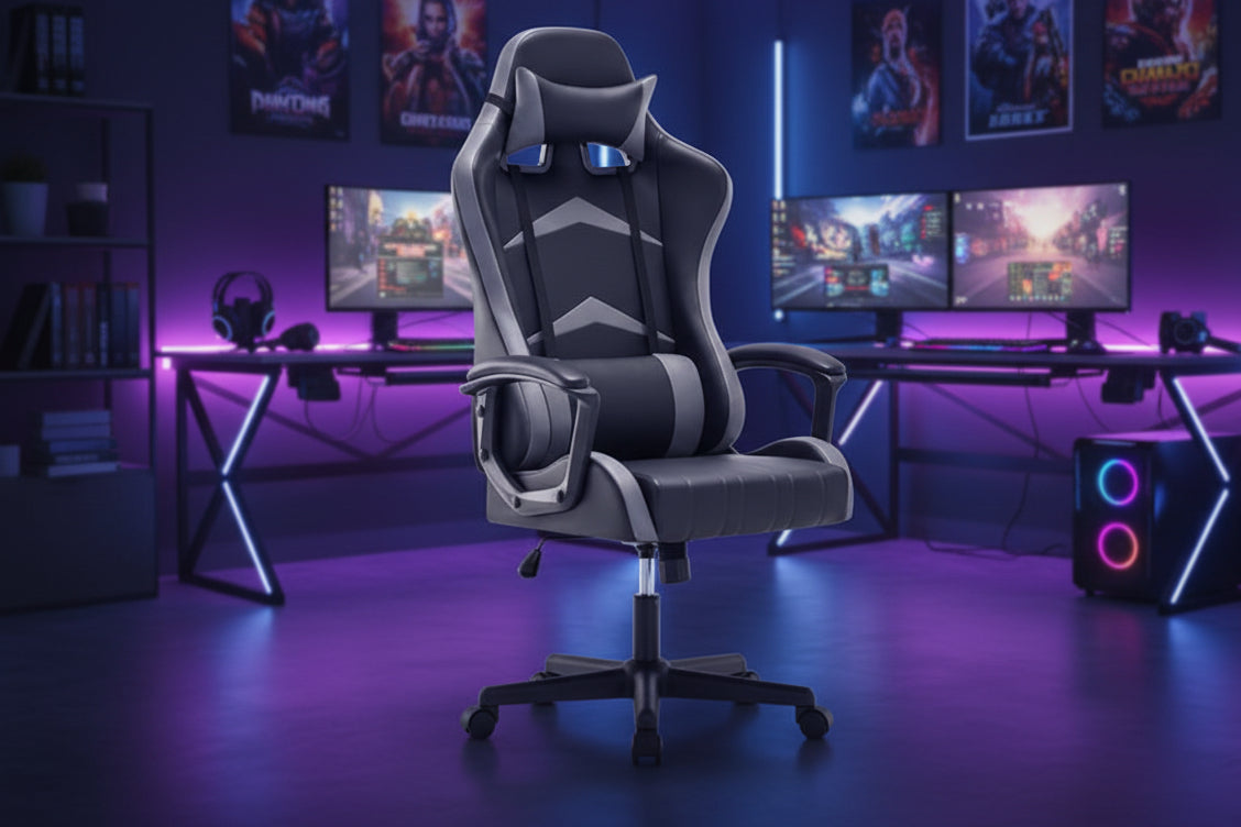 IntimaTe WM Heart Gaming Chair, Ergonomic High Back Office Racing Chair with Armrest, Swivel Leather Desk Chairs with Adjustable Headrest and Lumbar Cushion for Office and Home (Gray)