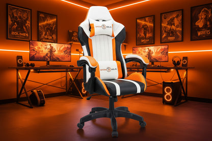 T-THREE.Ergonomic Leather Gaming Chair Height Adjustable with Headrest and Lumbar Support(Orange)