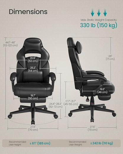 SONGMICS Racing Gaming Chair, Adjustable Office Chair with Footrest, Ergonomic Design, Headrest, Lumbar Support, 150 kg Weight Capacity, Ink Black OBG073BH09