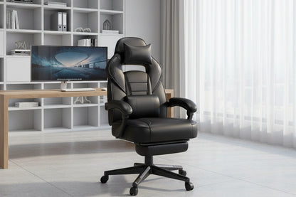 SONGMICS Racing Gaming Chair, Adjustable Office Chair with Footrest, Ergonomic Design, Headrest, Lumbar Support, 150 kg Weight Capacity, Ink Black OBG073BH09