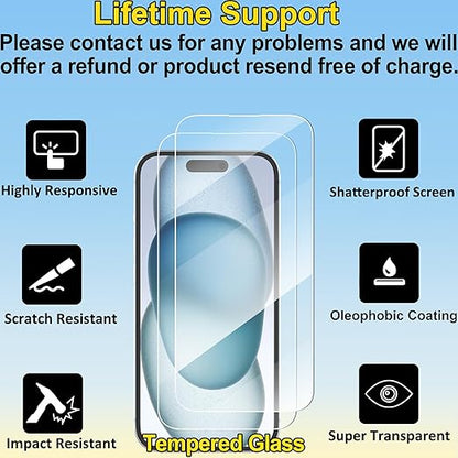 [4-in-1 Screen Protector for iPhone 15 with Camera Lens Protector, Tempered Glass Film, 2-Pack Each, [LifetimeSupport][Impact-Resistant][Anti-Scratch][Ultra-Transparent]