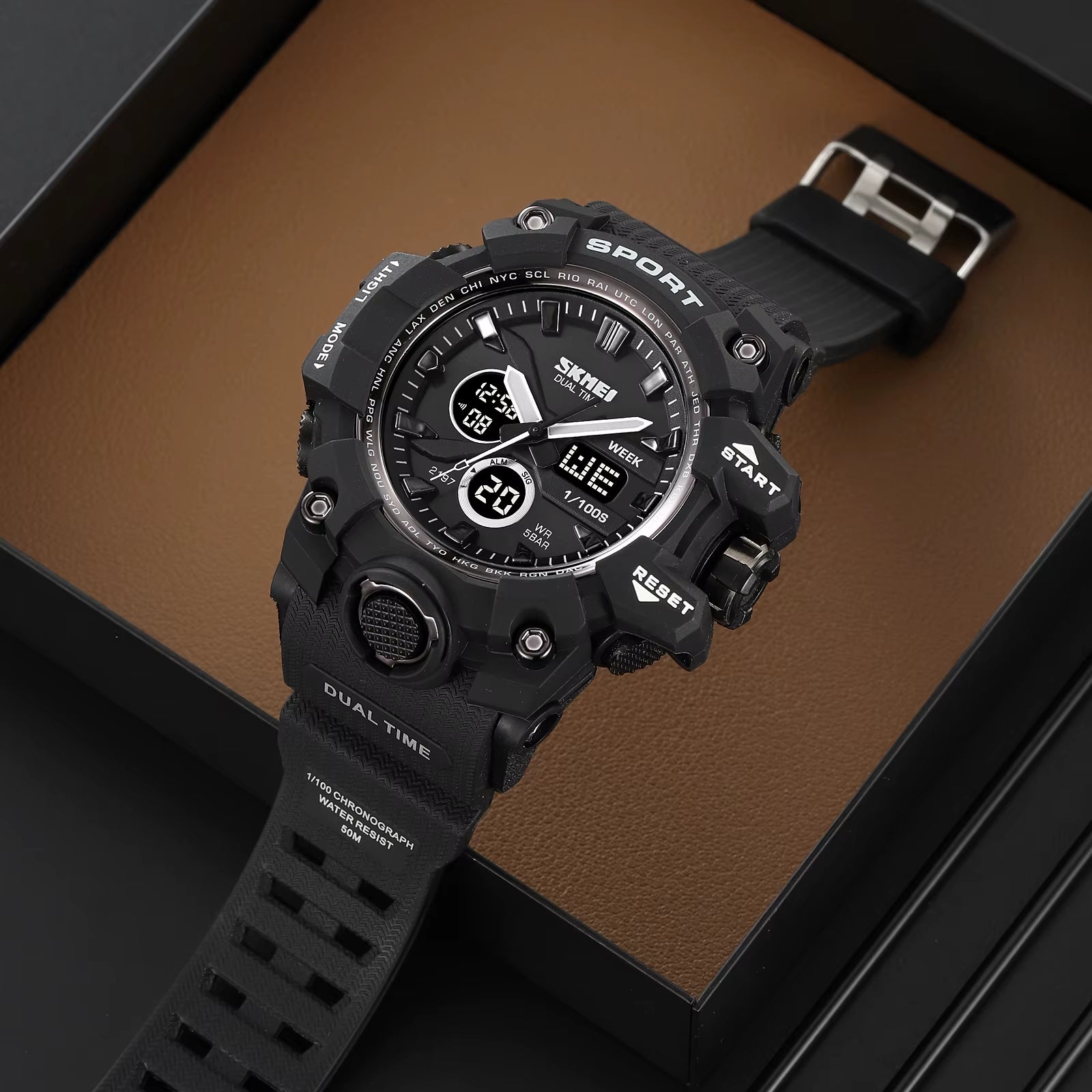2 Time Men'S Watche Man Electronic Sports Watches for Men Stopwatch Back Light Alarm Waterproof Quartz Clock Digital Watch