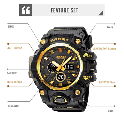 2 Time Men'S Watche Man Electronic Sports Watches for Men Stopwatch Back Light Alarm Waterproof Quartz Clock Digital Watch