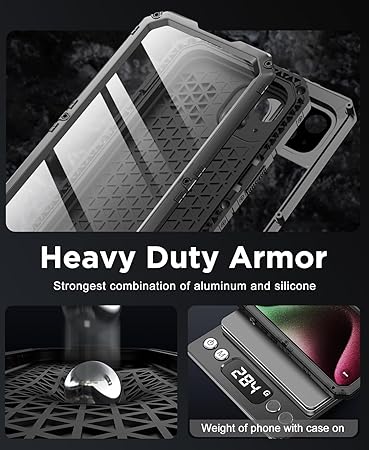 J4TECHNOLOGY Case for iPhone 15, Waterproof Heavy Duty Tough Metal Armour Cover Shockproof Dustproof Built-in Screen Protector, Robust 360 Full Body Military Protective Rugged Case for iPhone 15 6.1inch