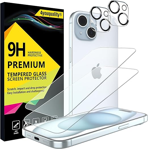 [4-in-1 Screen Protector for iPhone 15 with Camera Lens Protector, Tempered Glass Film, 2-Pack Each, [LifetimeSupport][Impact-Resistant][Anti-Scratch][Ultra-Transparent]