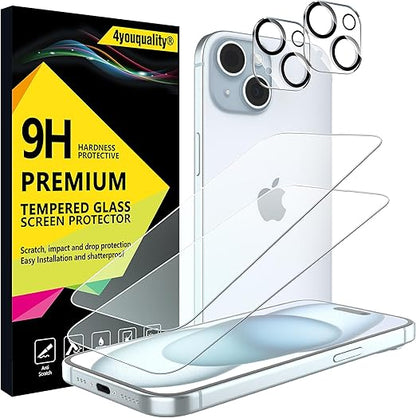 [4-in-1 Screen Protector for iPhone 15 with Camera Lens Protector, Tempered Glass Film, 2-Pack Each, [LifetimeSupport][Impact-Resistant][Anti-Scratch][Ultra-Transparent]
